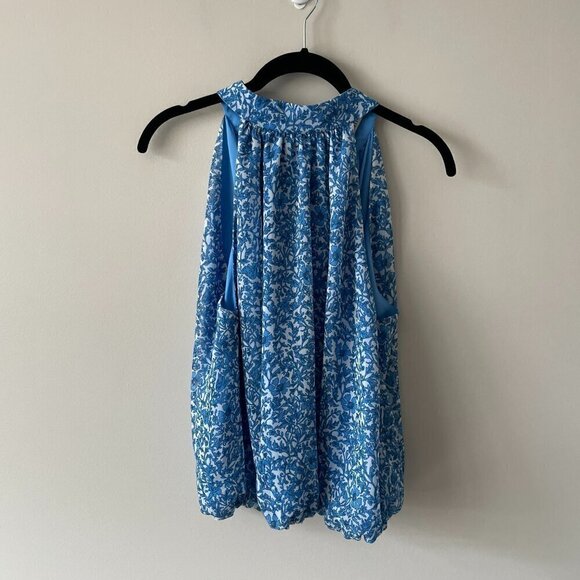 Alice + Olivia Maris Floral Print Lined Tie Halter Neck Blouse Blue White Medium - Picture 2 of 9